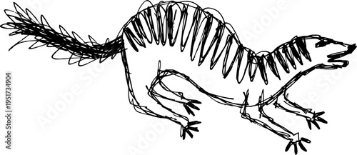 Primitive hand drawn reptile sketch with jagged lines and rough texture on white background