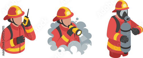 Isometric firefighter rescue set, fireman with radio, flashlight in smoke, oxygen tank and protective gear emergency response illustration
