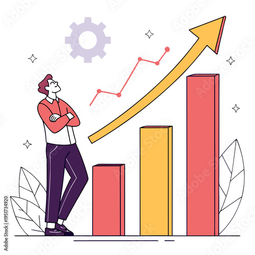 Man looking at upward trending graph growth arrow
