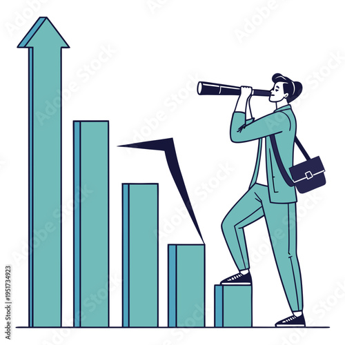Man looking at growing bar chart with upward arrow through telescope