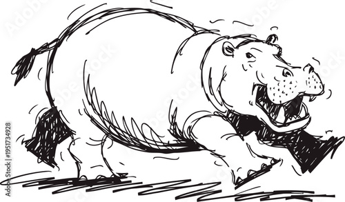 Happy hippopotamus walking with open mouth and smiling expression, black ink sketch illustration