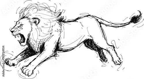 Roaring lion sketch leaping forward with fierce expression and detailed mane drawing
