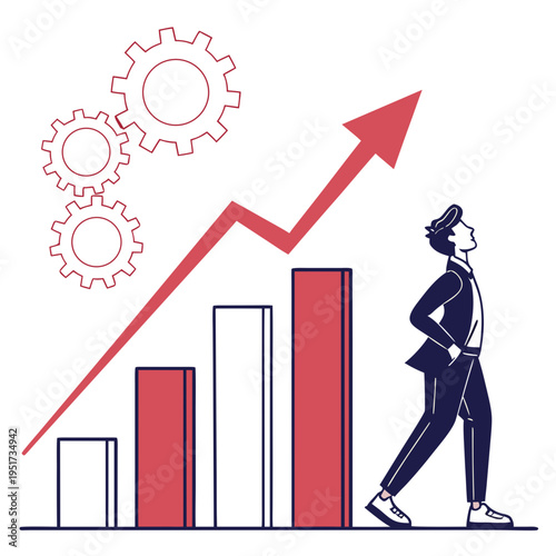 Man looking at upward trending graph with gears growth