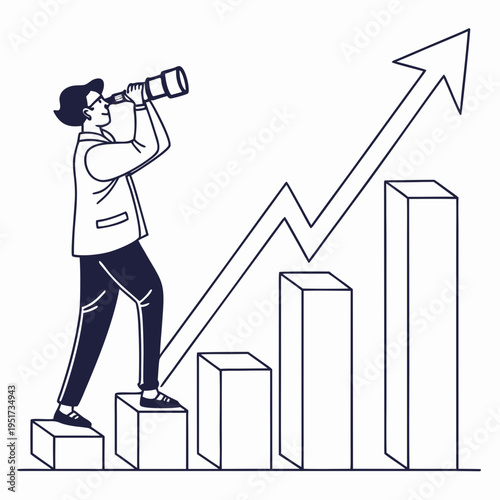 Man looking through binoculars at graph business finance