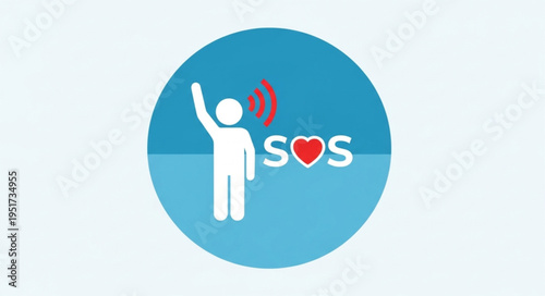 Person raising hand with SOS signal and heart symbol.