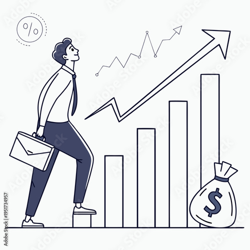 Man stepping up to growing profit graph growth upward trend