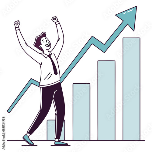 Man rejoicing with fists raised behind a growing graph