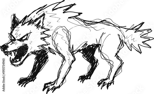 fierce snarling wolf sketch in aggressive stance with sharp teeth and spiky fur