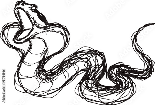 Aggressive snake hissing with open mouth and coiled body in dynamic sketch illustration