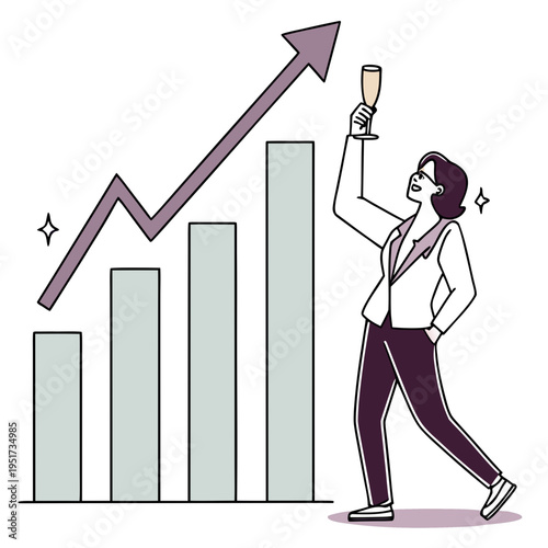 Woman celebrating business growth with a champagne glass