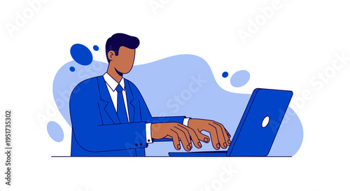 Focused Black executive executing high-level digital strategy and enterprise workflow on a laptop in a clean Corporate Memphis style
