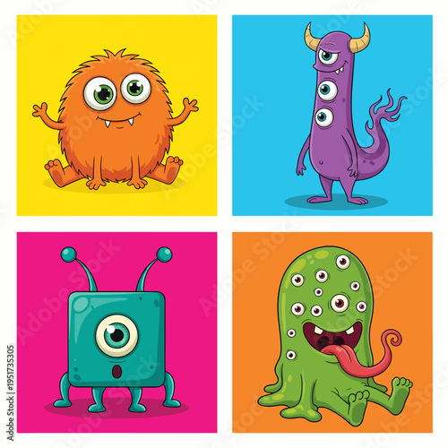 Fun and quirky monsters designed with bold colors and shapes