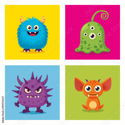 Friendly cartoon monsters smiling in vibrant and colorful backgrounds