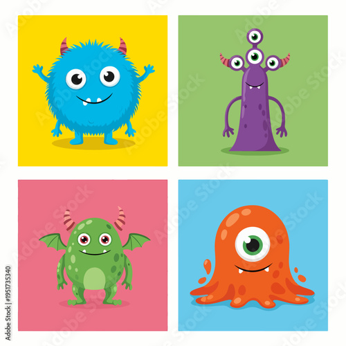 Colorful cartoon monsters posing together in bright square backgrounds