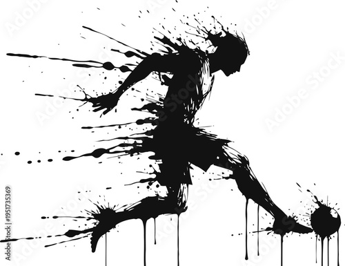 dynamic soccer player silhouette kicking ball with splattered ink paint effect