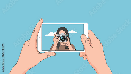 Two hands holding a tablet showing a woman taking a photo with a classic camera, illustrating modern mobile photography trends.
