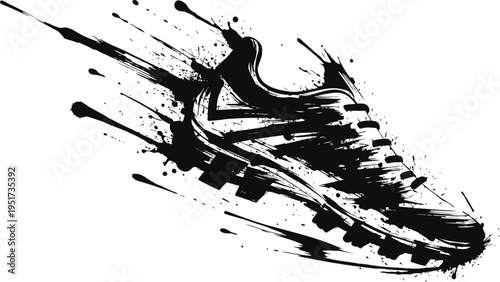 Black paint splatter soccer cleat abstract illustration, dynamic sports shoes design motion effect