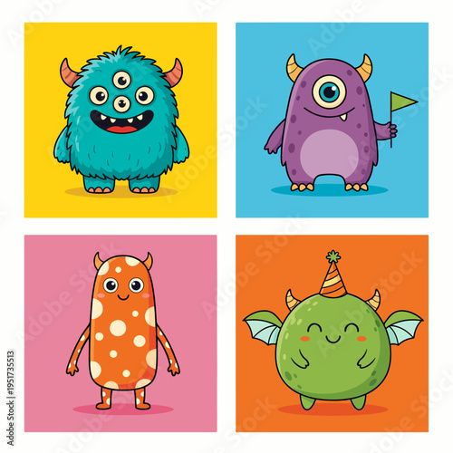 Happy monsters ready to celebrate a colorful fantasy party scene