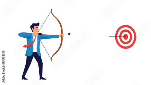Professional man in a blue suit aiming a bow and arrow at a red and white bullseye target, symbolizing focus and goal setting.