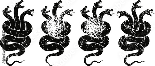 Ancient hydra illustration in black ink with multiple snake heads and tails in sequential design