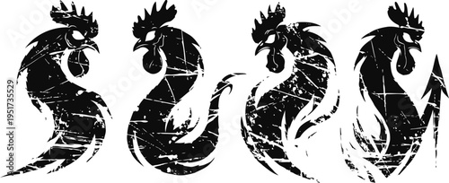 vintage rustic rooster silhouettes with textured distressed effect in four variations