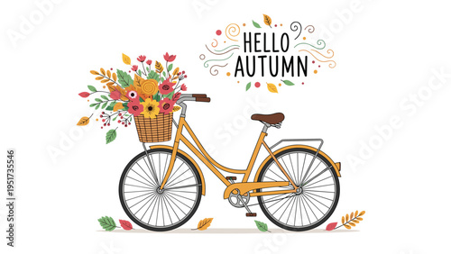 bright yellow bicycle with a basket full of colorful autumn flowers and leaves with a hello autumn message and falling foliage around it.