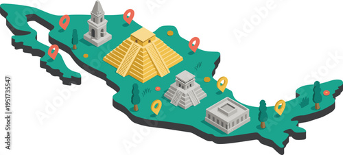 Isometric map of Mexico with landmarks pyramids travel pins tourism destinations cultural heritage sites vector illustration design concept