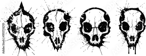 Grunge skull silhouettes with ink splatters, gothic horror design elements, spooky halloween decoration set