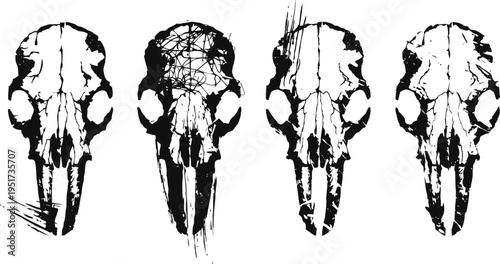Four distressed black animal skull illustrations with grunge effects and abstract splatters