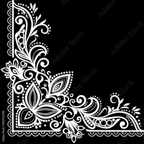 Elegant white floral corner design on a stark black background