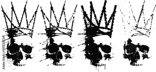 Grunge skull with crown silhouette set of dark and distressed tattoo designs