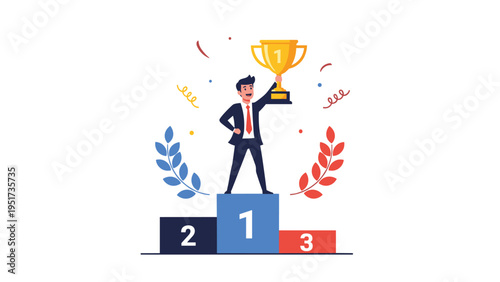 Triumphant businessman standing on the number one spot of a winner's podium holding a gold trophy with a joyful expression.