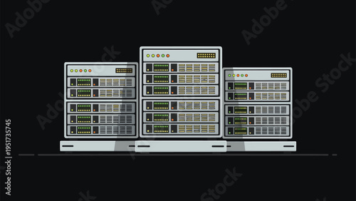 High tech data center featuring three grey server racks with glowing indicator lights representing network storage and infrastructure.