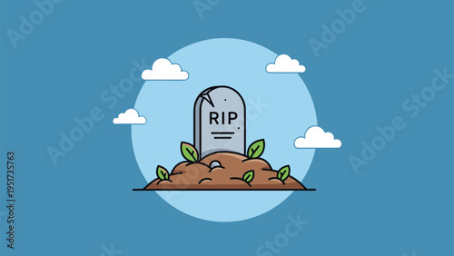 Illustration of a gravestone with RIP text on a small mound of dirt with green leaves under a clear blue sky with white clouds.