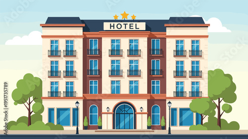 grand hotel building exterior with multiple balconies a main arched entrance and three stars on the roof against a sunny day sky background.