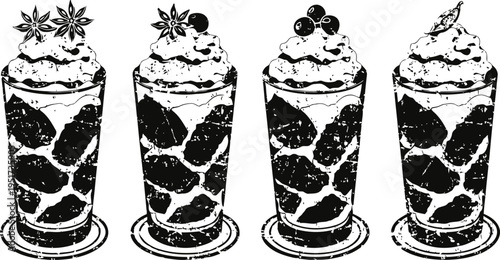 Four assorted creamy parfait desserts in tall glasses with toppings and layered ingredients