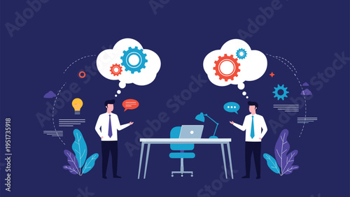 Two professional businessmen engaging in a collaborative discussion with gear icons in speech bubbles representing shared creative ideas.