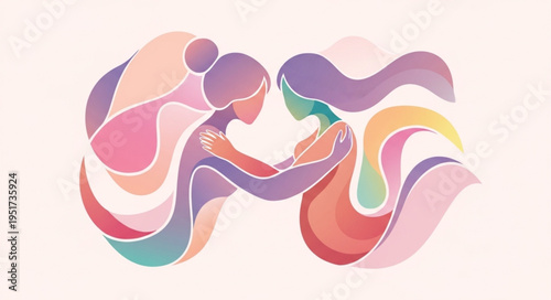 Two abstract figures embracing with flowing colorful shapes.