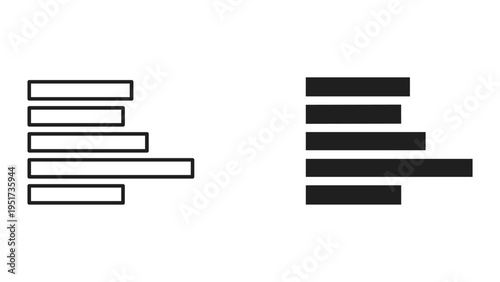 Set of horizontal bar chart icons, outline and solid fill, representing data visualization, statistics, and analytics