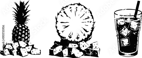 Pineapple fruit whole and sliced with ice cube glass of cold beverage and straw