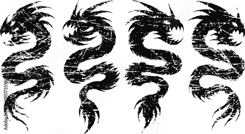 Set of four black dragon silhouettes with rough grunge texture, mythical creature tattoos and fantasy art designs