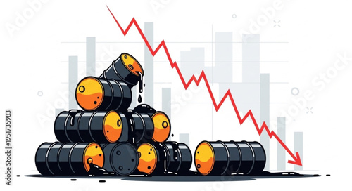 Oil Price Decline - Stacked Barrels with Falling Red Arrow.