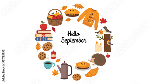 seasonal wreath made of various autumn items like books cookies candles a hedgehog pie and a sweater with a hello september message.