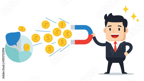 Happy businessman using a large horseshoe magnet to attract gold dollar coins, symbolizing wealth attraction and high profits.