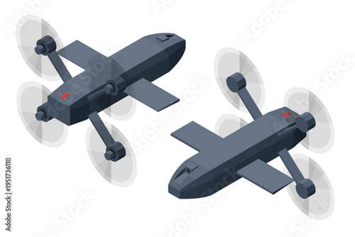 Isometric military two compact interceptor drones with four rotors and fixed wings, anti drone. Aerial defense, unmanned aircraft technology, air patrol, surveillance and tactical security