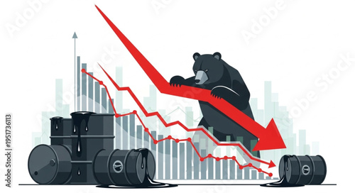 Bear Market Illustration with Oil Barrels and Declining Graph.