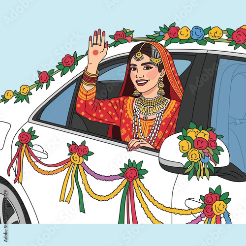 South asian bride waving from flower decorated wedding car during traditional rukhsati departure ceremony