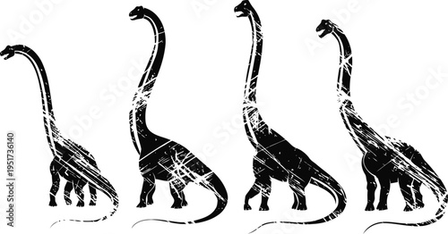 Four silhouette dinosaurs with long necks and tails in grunge illustration