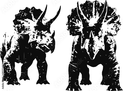 Two triceratops dinosaur silhouettes standing side by side, prehistoric ancient reptiles