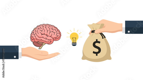 Hands exchanging a human brain for a bag of money with a lightbulb in the middle, representing the monetary value of intellect.